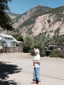Mary pointing to the camp at on the Nickel plate Mountain