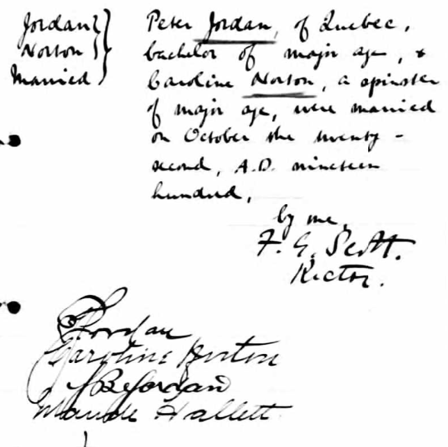 Peter & Caroline (Norton) Jordan's marriage record from St. Matthew's Anglican Church, Quebec City.